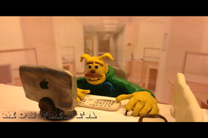 claymation character at an apple computer looking surprised, with a caption above saying, "they picked that asshole?"