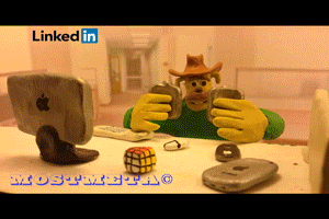 Claymation character alternating between drinking out of two flasks with a Linked In button that says Multi-Flasking and a button for Add to profile or skip