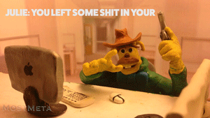 Claymation character shooting his computer mouse with the caption saying you left some shit in your shopping cart