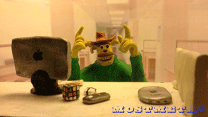 Smiling claymation character pointing both hands at the viewer with a caption that says, U Betcha!