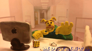 a claymation character that is placing his index finger sliding into an oka