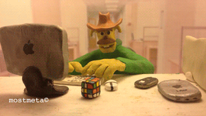 claymation character wearing a cowboy hat smiling and point as if to say job well done