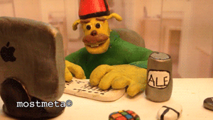 Claymation character spills his beer while typing at his computer. Caption reads, "Whoops, I'm Drunk. Can you run this meeting?" 