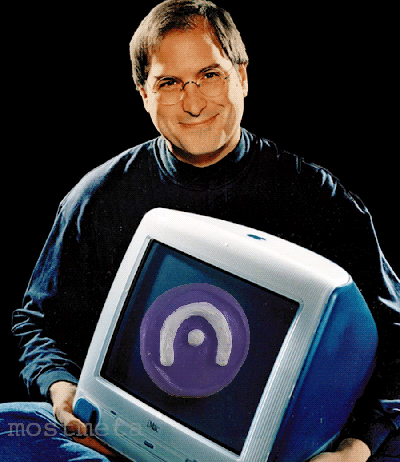 Steve Jobs holding an imac with a spinning Archetype coin on the screen. Halfway through the loop, 