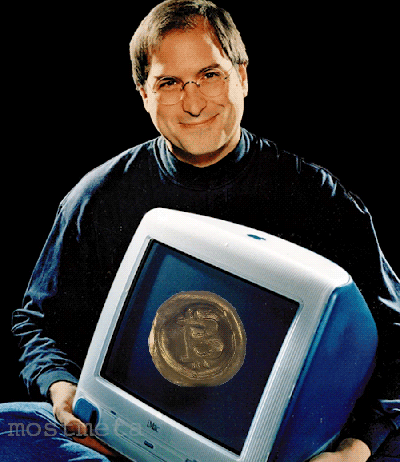 Steve Jobs holding an imac with a spinning bitcoin on the screen. Halfway through the loop, Jobs' head is replaced by a spinning clay cast of a Rare Pepe head.